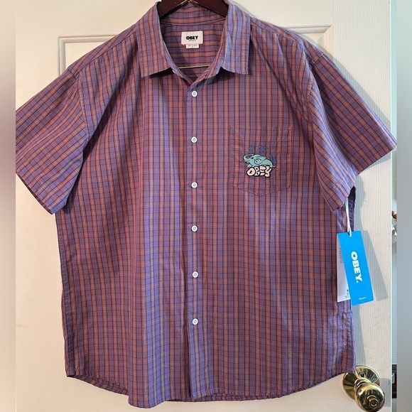 OBEY Men LG Gavin Woven Lavender Multi 100% Organic Cotton Short Sleeve Elephant - Picture 3 of 13
